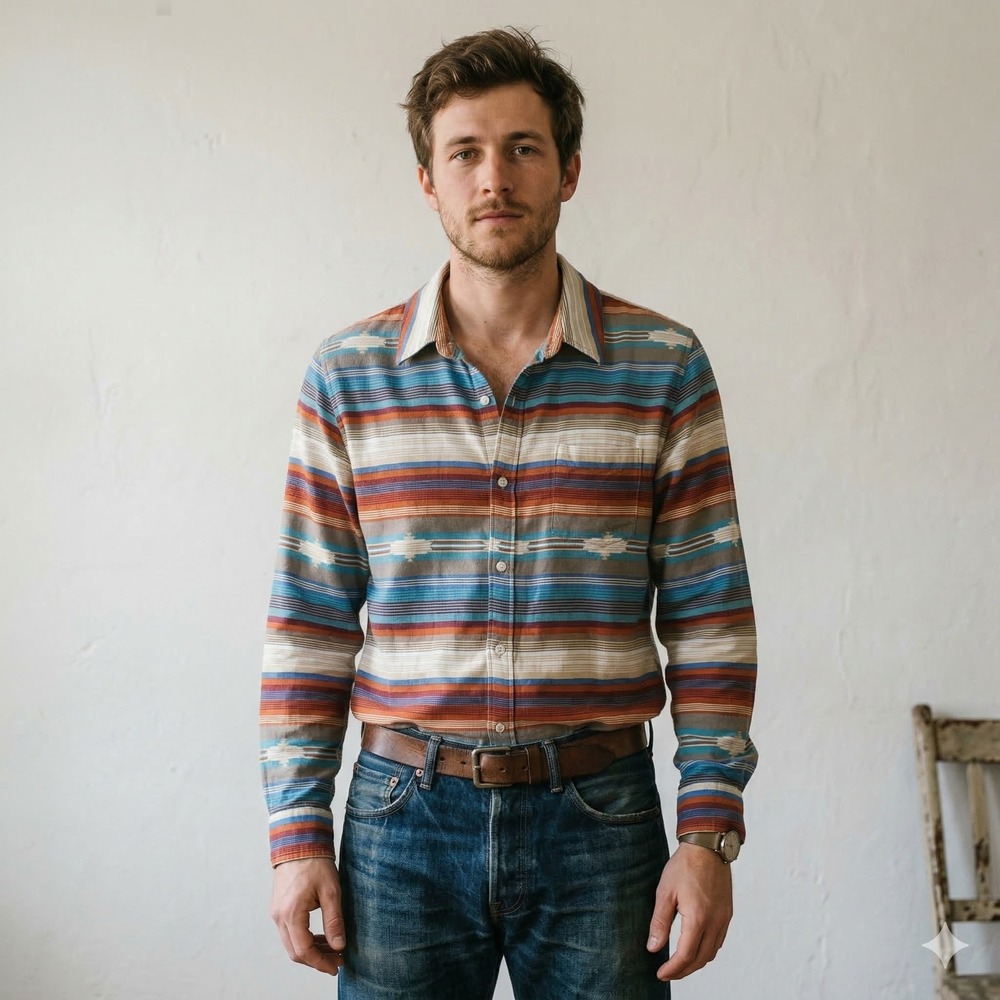 Stetson Shirt Mens Medium Southwestern Stripe Rayon Button Down Shirt Multicolor